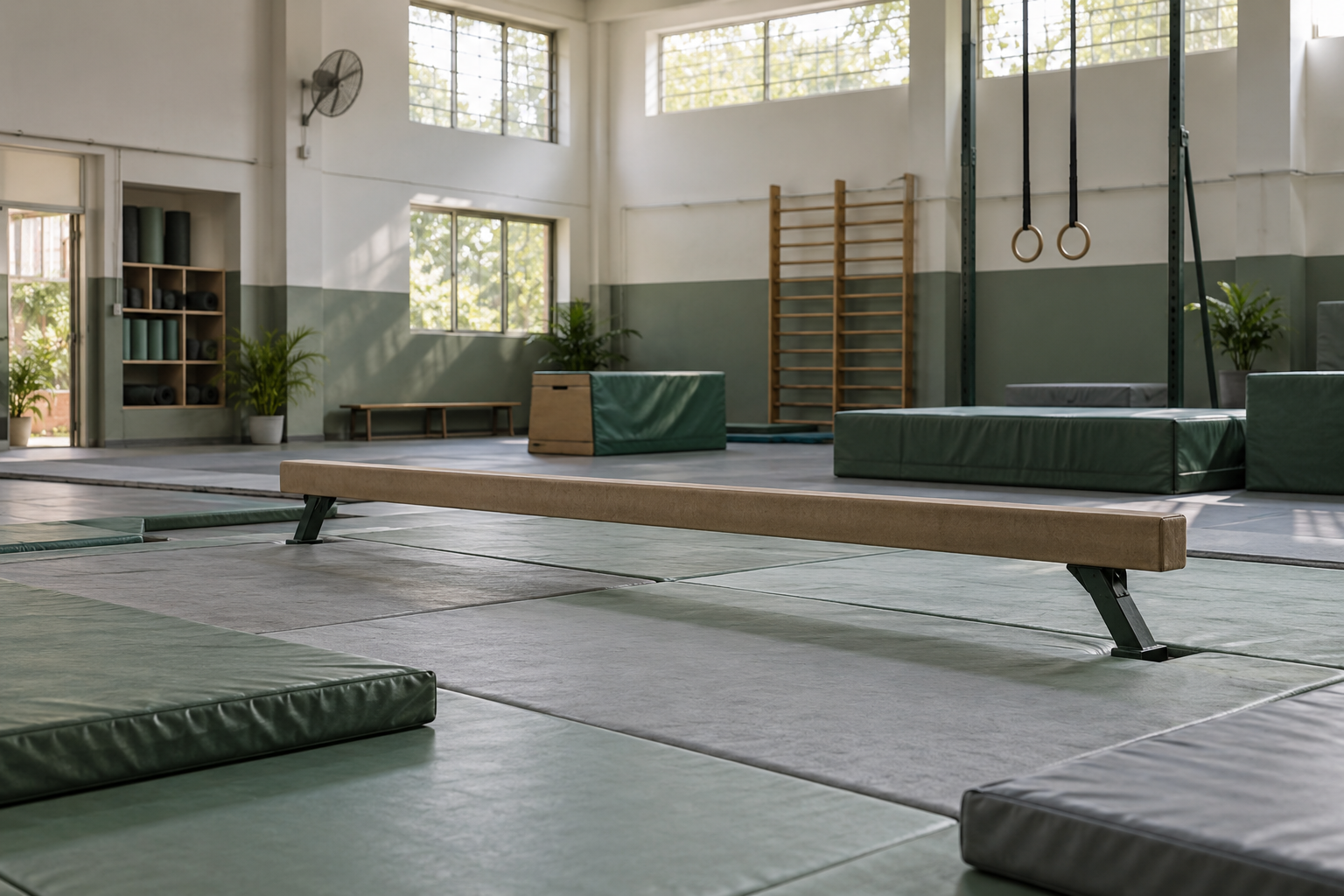 Illustrative empty recreational gymnastics studio with a low beam and training mats